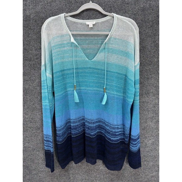 J Jill Linen Ombré Open Knit Top Womens XL Blue Tassel Beaded V-Neck Sweater EUC - Picture 2 of 9